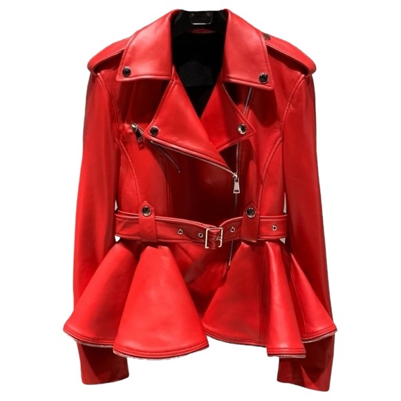 Madonna & Co Luxe Zip Detail Leather Peplum Biker Moto Jacket in "Welsh Red" NWT - Picture 3 of 10